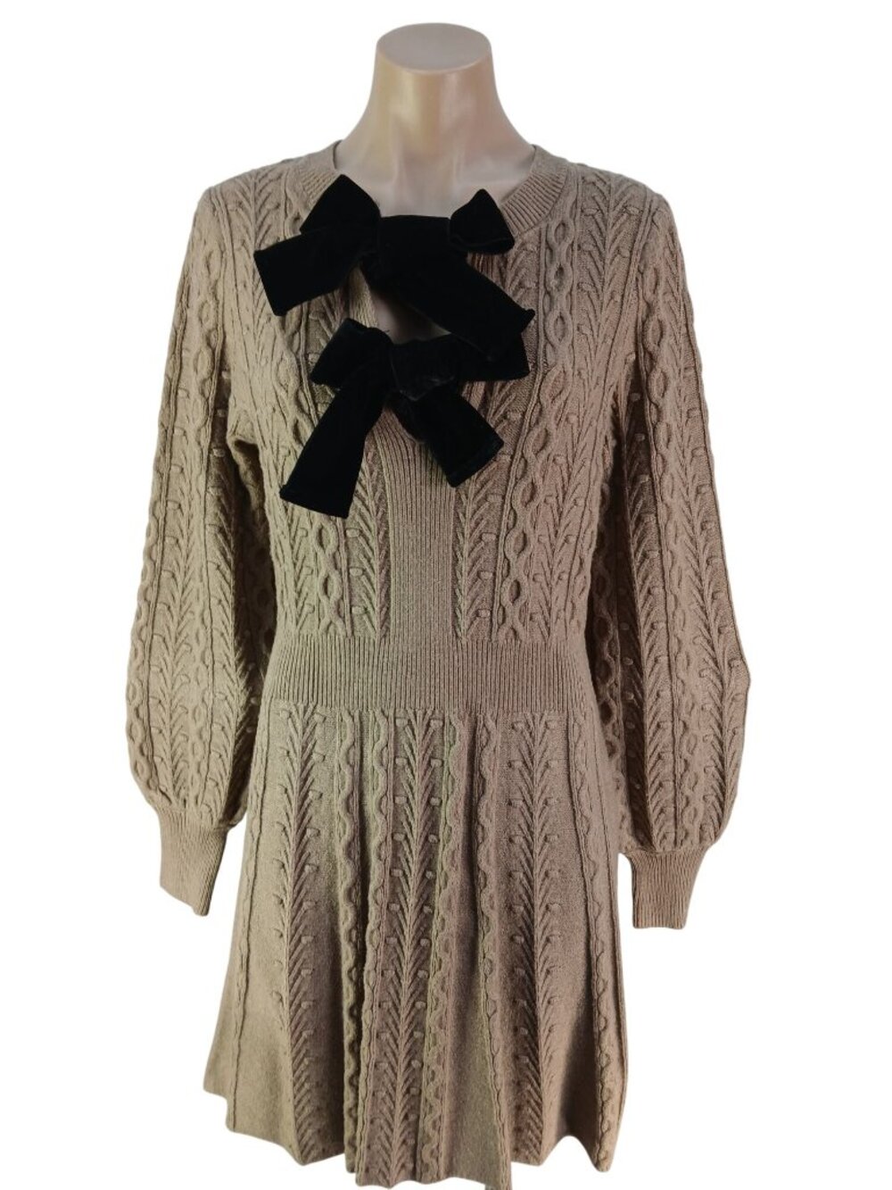 Francescas Alyssa Tan Cable Knit Mini Sweater Dress Size L Black Bows Puff Sleev